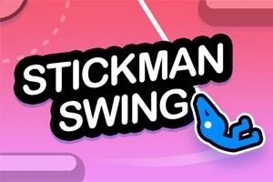 분홍색과 보라색 배경 위에 STICKMAN SWING이라는 텍스트와 파란색 막대 인간이 매달려 있는 모습