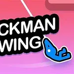 분홍색과 보라색 배경 위에 STICKMAN SWING이라는 텍스트와 파란색 막대 인간이 매달려 있는 모습