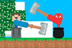 두 명의 픽셀 캐릭터가 각각 망치를 들고 나무와 흙 배경 앞에 있는 모습