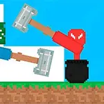 두 명의 픽셀 캐릭터가 각각 망치를 들고 나무와 흙 배경 앞에 있는 모습