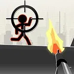 검은색 배경 위에 빨간 윤곽선의 스틱맨이 조준선 안에 잡혀 있으며, 가까운 곳에서 총이 발사되고 있는 장면