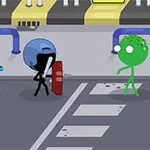 헬멧을 쓴 검은색 막대기 인간이 파란 배경에서 총과 방패를 들고 초록색 상대와 대치하고 있습니다