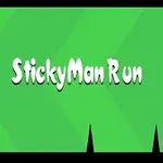 녹색 배경에 StickyMan Run이라는 글자가 중앙에 있으며, 왼쪽 하단에는 작은 생물과 오른쪽 하단에는 가시들이 보인다
