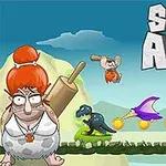 원시 시대 테마의 만화 스타일 이미지로, 여성 캐릭터와 공룡, 공중에 떠 있는 동전, 그리고 STONE AGED 텍스트가 포함되어 있습니다