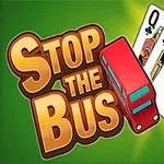 녹색 배경에 STOP THE BUS라는 글자와 빨간색 이층 버스, QKA 카드가 있는 이미지