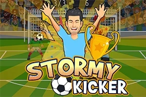 축구장을 배경으로 트로피를 든 축구 선수의 일러스트와 STORMY KICKER라는 제목이 있는 이미지