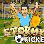 축구장을 배경으로 트로피를 든 축구 선수의 일러스트와 STORMY KICKER라는 제목이 있는 이미지