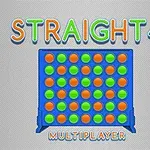 파란색 보드 위에 초록색과 주황색 원판이 교대로 배열되어 있으며, STRAIGHT 4와 MULTIPLAYER 텍스트가 배경에 있음