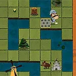 기사 옷을 입은 캐릭터가 작은 성, 나무, 바위와 함께 격자 무늬의 초원과 강을 건너는 이미지