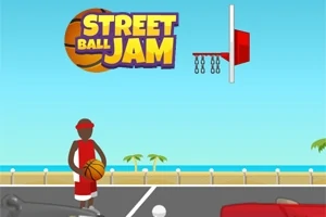 파란 하늘 아래 거리 농구 코트에서 농구공을 들고 있는 사람과 농구 골대가 있는 장면