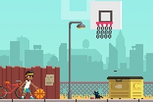 픽셀 아트 스타일로 자전거 옆에서 농구공을 든 소년과 길거리 농구 코트가 있는 도시 풍경