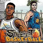 농구공을 들고 있는 세 명의 캐릭터가 길거리 농구 코트에 서 있는 모습