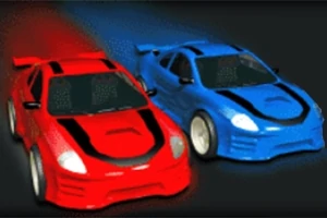 붉은색과 파란색 스포츠카 두 대가 나란히 달리는 모습