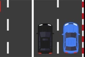 두 개의 차선 도로에서 검은 차와 파란 차가 나란히 달리고 있는 모습