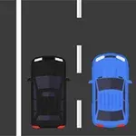 두 개의 차선 도로에서 검은 차와 파란 차가 나란히 달리고 있는 모습