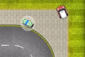 작은 빨간 차가 보도를 따라 주행하며, 보도 위에 돈이 놓여 있고, 곡선 도로가 보이는 광경