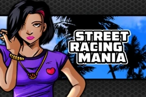 짧은 머리 스타일의 캐릭터가 보라색 셔츠를 입고 있으며, 배경에는 야자수가 있고 STREET RACING MANIA라는 글자가 쓰여 있습니다