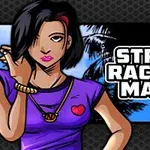 짧은 머리 스타일의 캐릭터가 보라색 셔츠를 입고 있으며, 배경에는 야자수가 있고 STREET RACING MANIA라는 글자가 쓰여 있습니다
