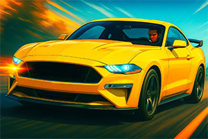 노란색 스포츠카가 고속 도로에서 빠르게 주행하고 있습니다