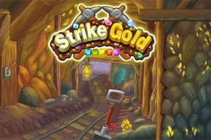 광산 안에 철로와 곡괭이, 빛나는 황금이 있으며 Strike Gold라는 글자가 상단에 나타난 그림