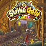 광산 안에 철로와 곡괭이, 빛나는 황금이 있으며 Strike Gold라는 글자가 상단에 나타난 그림