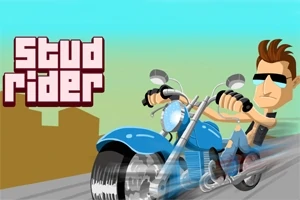 애니메이션 스타일의 남성이 선글라스를 착용하고 파란색 오토바이를 타고 있는 모습