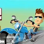 애니메이션 스타일의 남성이 선글라스를 착용하고 파란색 오토바이를 타고 있는 모습
