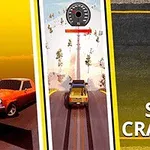 한 차량이 도로를 가로지르는 에너지 패널을 넘어가고 있으며, 왼쪽에는 주황색 자동차가 있고 오른쪽에는 노란색과 검정색 배경이 있는 이미지