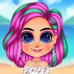 핑크와 녹색 머리카락을 가진 큰 눈의 소녀가 해변을 배경으로 미소 짓고 있는 일러스트