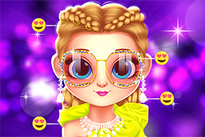 금발 머리에 큰 반짝이는 안경을 쓴 소녀가 보라색 배경 앞에 있으며, 주변에 여러 얼굴 이모티콘이 흩어져 있다