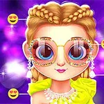 금발 머리에 큰 반짝이는 안경을 쓴 소녀가 보라색 배경 앞에 있으며, 주변에 여러 얼굴 이모티콘이 흩어져 있다