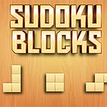 나무 배경 위에 큰 글씨로 SUDOKU BLOCKS가 있으며, 아래에 세 개의 다양한 모양의 블록이 배열되어 있다
