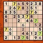 주황색 배경에 숫자가 채워진 격자 퍼즐과 오른쪽에는 선택할 수 있는 숫자 버튼이 있다