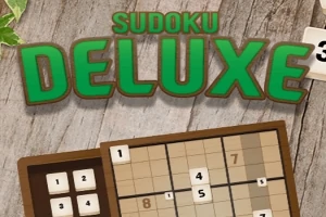 나무 배경 위에 SUDOKU DELUXE라는 초록색 글자와 일부 숫자가 채워진 스도쿠 퍼즐이 놓여 있습니다