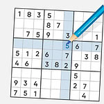 푸른 연필이 놓인 미완성 숫자 퍼즐