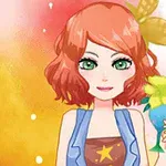 짧은 빨간 머리와 초록 눈을 가진 소녀가 꽃 모양 장식이 있는 칵테일 잔을 들고 있는 일러스트