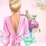 핑크색 드레스를 입은 여성이 꽃과 가방을 들고 있는 뒷모습