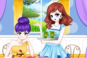 두 명의 여성 캐릭터가 실내에서 테이블에 앉아 있으며, 한 명은 디저트를 먹고 다른 한 명은 음료가 든 쟁반을 들고 있다