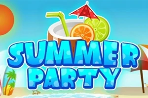 해변 풍경을 배경으로 과일과 빨대를 꽂은 음료 컵 위에 SUMMER PARTY라는 텍스트가 있는 그림