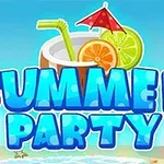 해변 풍경을 배경으로 과일과 빨대를 꽂은 음료 컵 위에 SUMMER PARTY라는 텍스트가 있는 그림