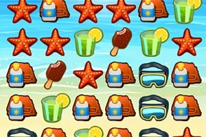 바다 배경 앞에 불가사리, 아이스크림, 선글라스, 음료, 선크림 아이콘들이 반복적으로 배열되어 있습니다