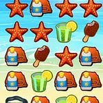 바다 배경 앞에 불가사리, 아이스크림, 선글라스, 음료, 선크림 아이콘들이 반복적으로 배열되어 있습니다