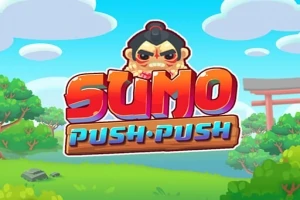 만화 스타일의 수묵화 배경에 큰 글씨로 SUMO PUSH PUSH와 성난 얼굴의 스모 캐릭터가 그려져 있다