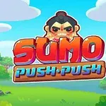 만화 스타일의 수묵화 배경에 큰 글씨로 SUMO PUSH PUSH와 성난 얼굴의 스모 캐릭터가 그려져 있다