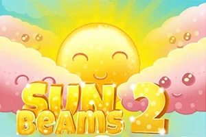 하늘에 해가 웃고 있고, 핑크색 구름들이 둘러싸여 있으며 SUN BEAMS 2라는 글자가 있는 이미지
