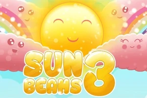 웃고 있는 해와 함께 구름과 무지개, 그리고 SUN BEAMS 3 글자가 있는 귀여운 일러스트