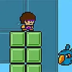 픽셀 그래픽의 캐릭터가 녹색 블록 위에 서 있고 파란 새가 옆에 있는 장면