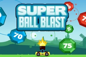 파란 하늘 아래 숫자가 적힌 여러 다각형 모양의 공들이 떠있는 장면과 중앙의 SUPER BALL BLAST이라는 텍스트