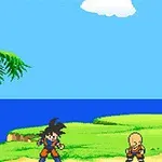 해변가에 세 명의 캐릭터가 서 있는 만화 스타일의 풍경