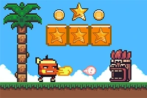 픽셀 아트 스타일의 캐릭터가 코코넛 나무 아래서 불을 쏘고 있으며, 세 개의 별이 박힌 상자와 코인들이 등장하는 장면